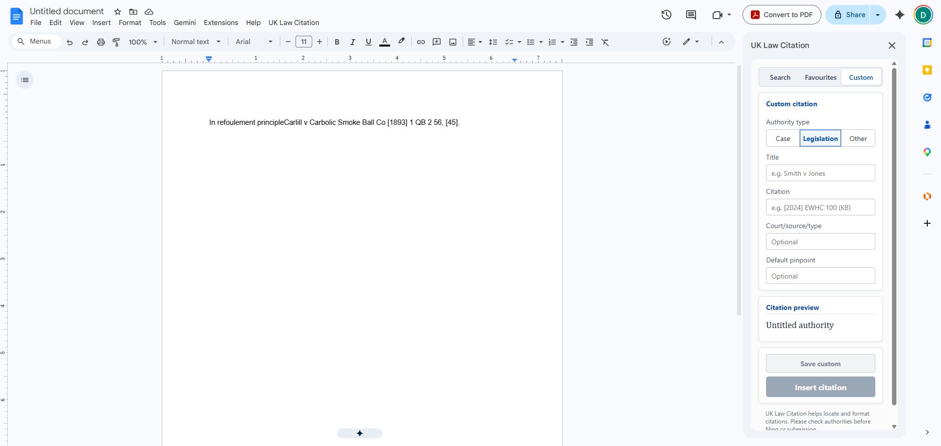 UK Law Citation open in a Google Docs sidebar